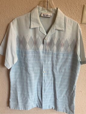 Vintage Mr. California Light Blue Short-Sleeve Camp Shirt geometric print sz L